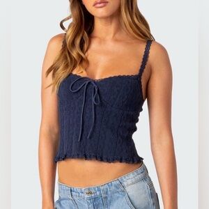 Edikted Navy Cropped Lace Cotton Knit Camisole